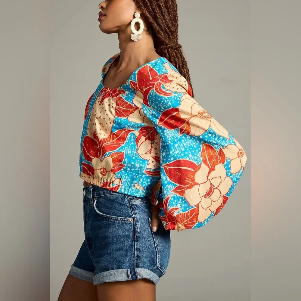 FARM Rio Blue Floral Puff-Sleeve Blouse with Red & Cream Accents